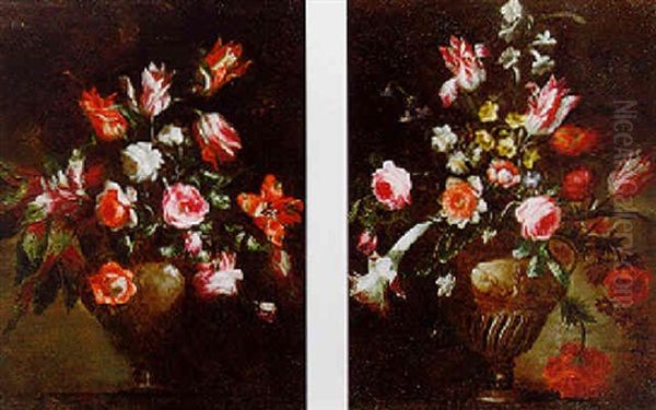 Still Life Of Roses, Anemones And Tulips In A Vase Oil Painting by Mario Nuzzi