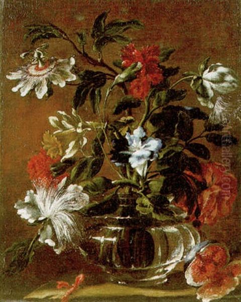 A Still Life Of A Passion Flower, A Daffodil, A Carnation And Other Flowers In A Glass Vase Beside A Split Fig On A Stone Ledge Oil Painting by Mario Nuzzi