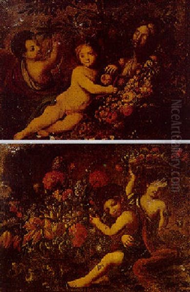 Putti With Carnations, Lilies, Tulips, Peonies And Other Flowers Oil Painting by Mario Nuzzi