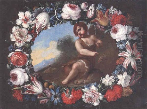 The Infant Saint John The Baptist Surrounded By A Garland Of Flowers Oil Painting by Mario Nuzzi