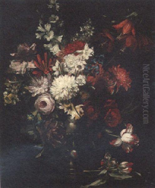 Tulips, Carnations, Roses And Other Flowers In An Urn On A Ledge Oil Painting by Mario Nuzzi