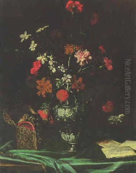 Flowers In A Vase With A Casket Of Jewels And Letters On A Table Oil Painting by Mario Nuzzi