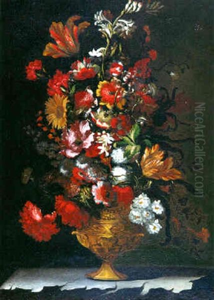 Bouquet De Fleurs Sur Un  Entablement De Pierre Oil Painting by Mario Nuzzi