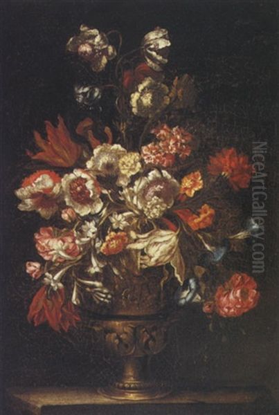 Still Life Of Tulips, Carnations, Roses, Stephanotis And Other Flowers In An Urn On A Stone Ledge Oil Painting by Mario Nuzzi