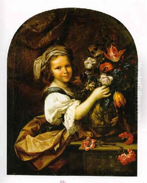 Ritratto Di Una Fanciulla Con Un Mazzo Di Fiori - Capparis Sinosa, Tulipani, Anemoni, Garofani Oil Painting by Mario Nuzzi