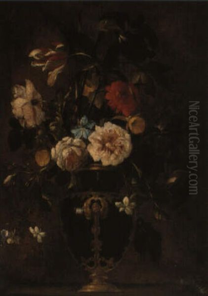 Still Life Of Flowers In A Sculpted Urn Oil Painting by Mario Nuzzi