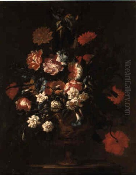 Poppies, Irises, Carnations And Other Flowers In A Terracotta Vase On A Ledge Oil Painting by Mario Nuzzi