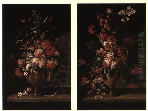 Carnations, Roses, Tulips And Other Flowers In An Urn On A Ledge Oil Painting by Mario Nuzzi