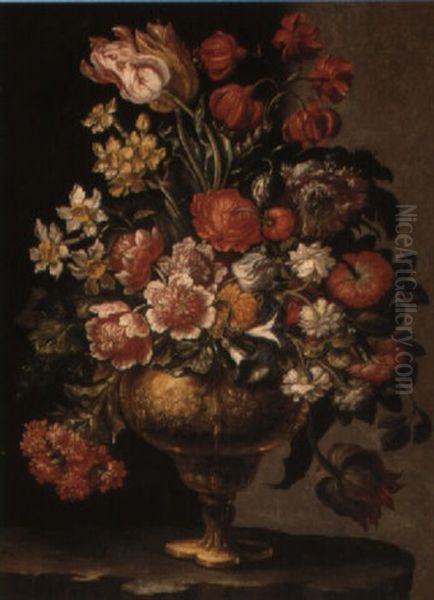 Still Life Of Flowers In A Vase On A Ledge Oil Painting by Mario Nuzzi