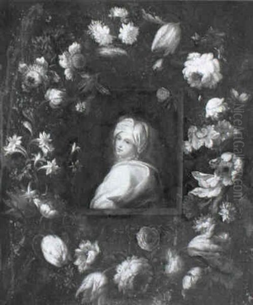 Garland Of Flowers Encircling Portrait Of Beatrice Cenci Oil Painting by Mario Nuzzi