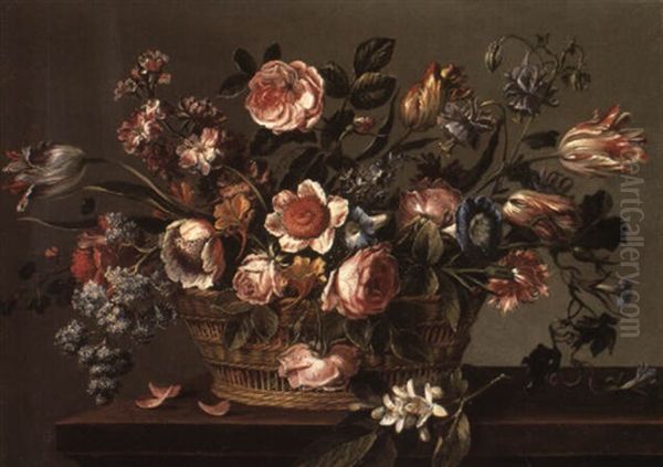 Still Life Of Roses And Other Flowers In A Basket On A Stone Ledge Oil Painting by Mario Nuzzi