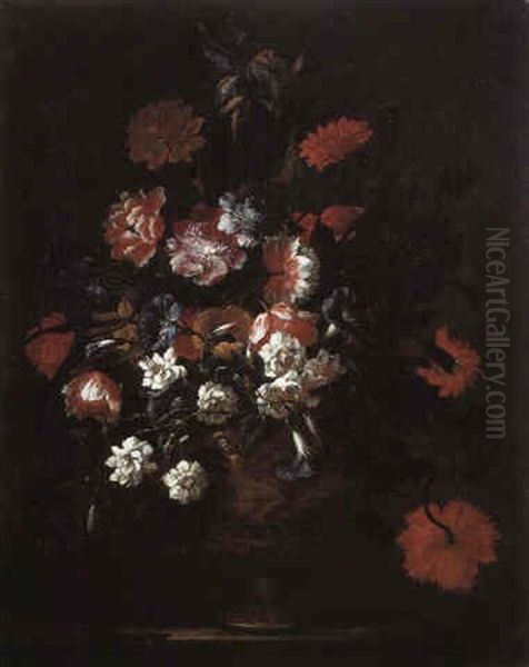 Poppies And Other Flowers In A Vase On A Stone Ledge Oil Painting by Mario Nuzzi