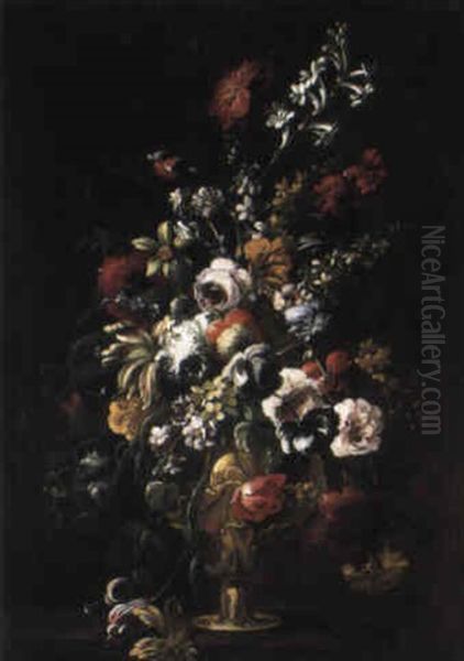 Flowers In Sculpted Urn On Ledge Oil Painting by Mario Nuzzi