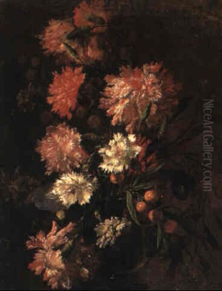 Still Life With Carnations And Other Flowers In A Vase On A Ledge Oil Painting by Mario Nuzzi