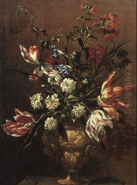 Still Life With Assorted Flowers In An Urn On A Plinth Oil Painting by Mario Nuzzi