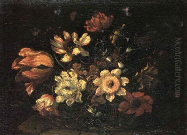 Still Life With Tulips, Anemones, Roses. . .in A Wicker Basket Oil Painting by Mario Nuzzi