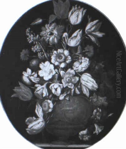 Still Life Of Flowers In Carved Urn On Stone Ledge Oil Painting by Mario Nuzzi