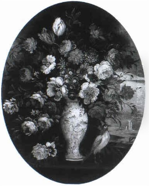 Carnations, Tulips And Other Flowers In A Vase On On A Ledge With A Bird Oil Painting by Mario Nuzzi