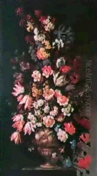 Bouquet De Fleurs Dans Un Vase Sculpte, Pose Sur Un         Entablement Oil Painting by Mario Nuzzi