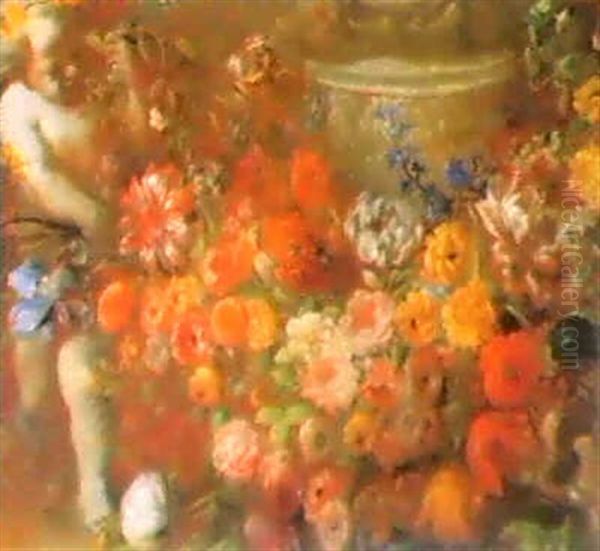 Natura Morta Di Fiori Con Putto A Sinistra E Vaso A         Destra Oil Painting by Mario Nuzzi