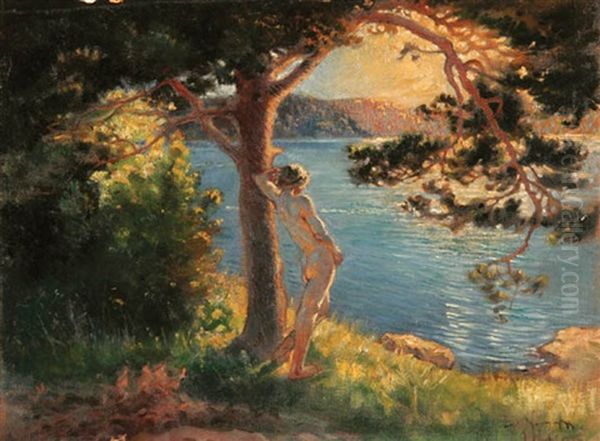 A Nude Overlooking A Lake At Sunset Oil Painting by Lennart Nyblom