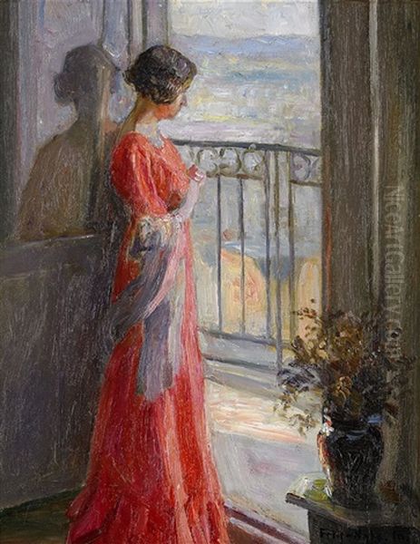 Elegant Lady In A Red Dress - Scene From France Oil Painting by Poul Friis Nybo