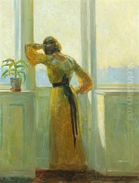 Interior With A Woman Contemplating The View Oil Painting by Poul Friis Nybo