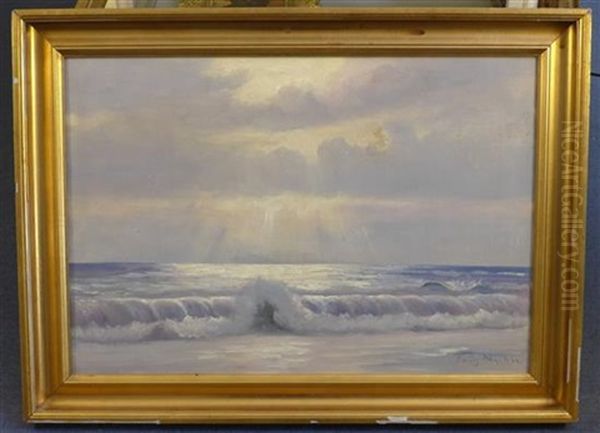 Waves Breaking On The Shore Oil Painting by Poul Friis Nybo