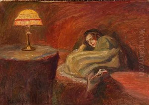 Interior With Table Lamp And Lying Woman Oil Painting by Poul Friis Nybo