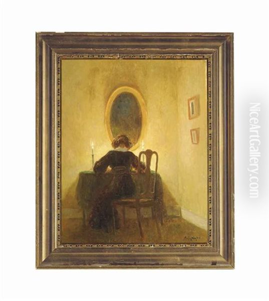 Reading By Candlelight Oil Painting by Poul Friis Nybo