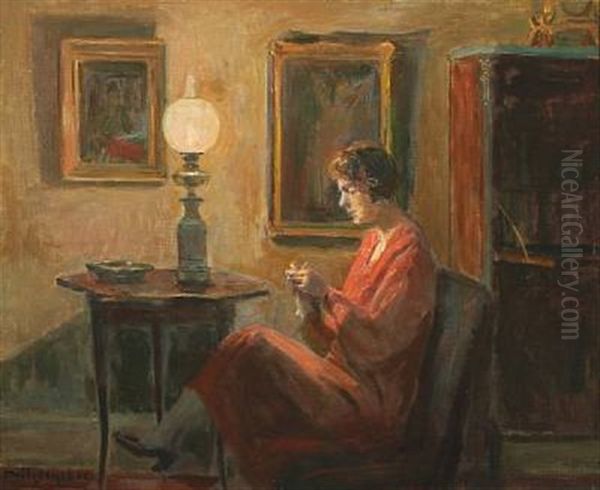 Woman Doing Needlework In The Glow Of The Lamp Oil Painting by Poul Friis Nybo