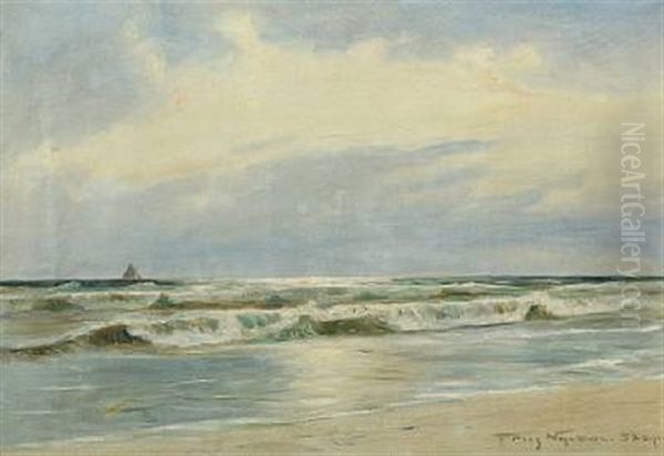 Coastal Scenery With Breaking Waves And A Sailboat In The Background Oil Painting by Poul Friis Nybo