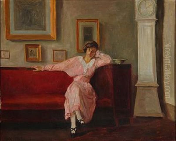 Interior With A Woman Sitting In A Couch Oil Painting by Poul Friis Nybo