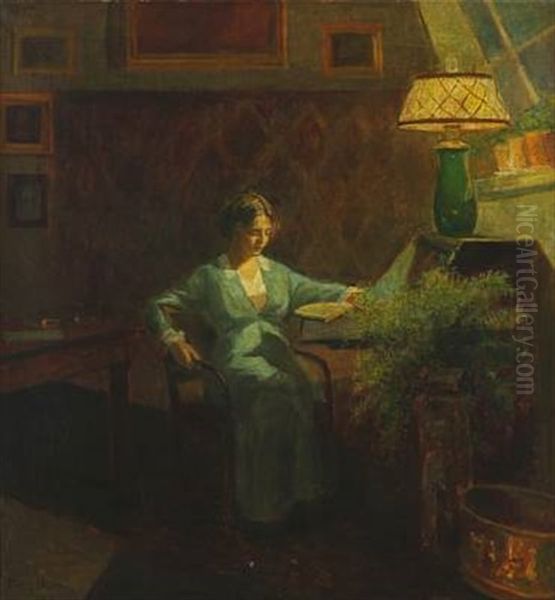 Interior With Reading Woman Oil Painting by Poul Friis Nybo