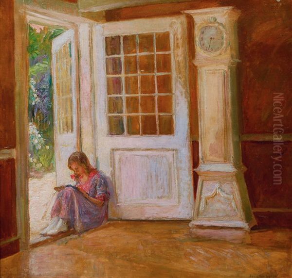 Reading Girl In An Interior Oil Painting by Poul Friis Nybo