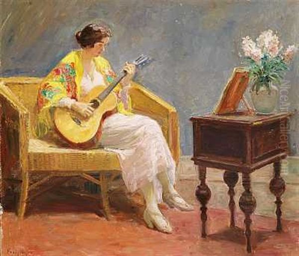 En Ung Kvinde Med Blomstret Sjal Spiller Pa Guitar I En Kurvesofa Oil Painting by Poul Friis Nybo