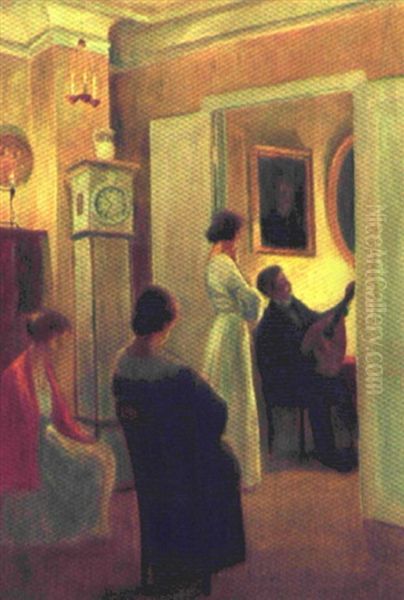 Interior Med Musicerende Personer Oil Painting by Poul Friis Nybo