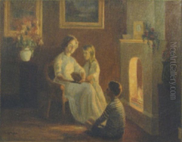 Aftenhygge Ved Pejsen Oil Painting by Poul Friis Nybo