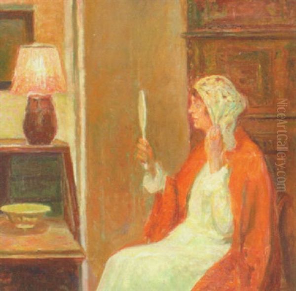 Interior Med Dame, Der Ser I Spejlet Oil Painting by Poul Friis Nybo