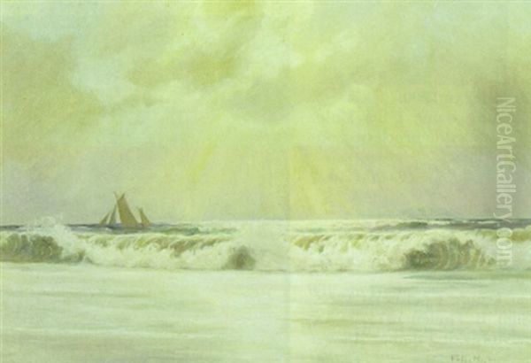 Marine Med Sejlskib Og Braending Oil Painting by Poul Friis Nybo