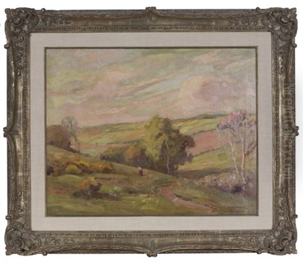 Landscape With A River And A Woman Carrying A Child Oil Painting by Edgar Hewitt Nye