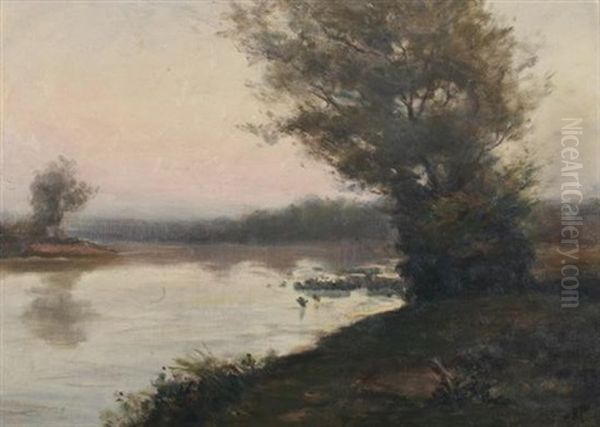 River Landscape At Dawn Oil Painting by Edgar Hewitt Nye