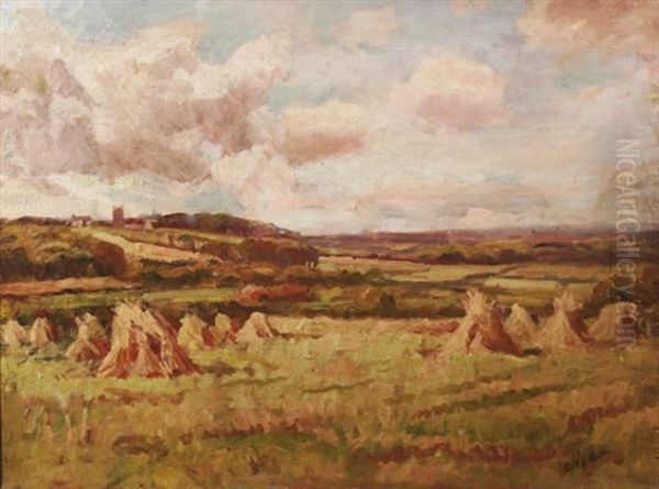 Landscape With Haystacks Oil Painting by Edgar Hewitt Nye