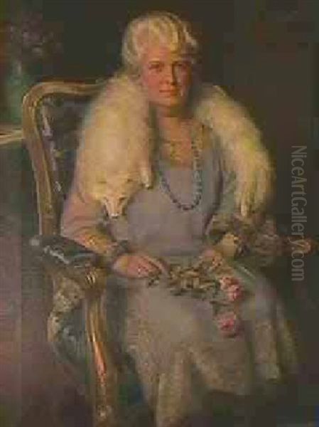 Lady With Blue Necklace And Roses Oil Painting by Arvid Frederick Nyholm