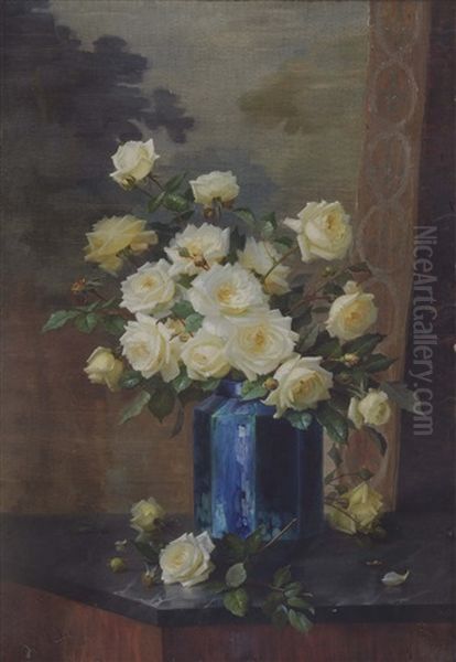 Still Life With White Roses Oil Painting by Marie Nyl-Frosch