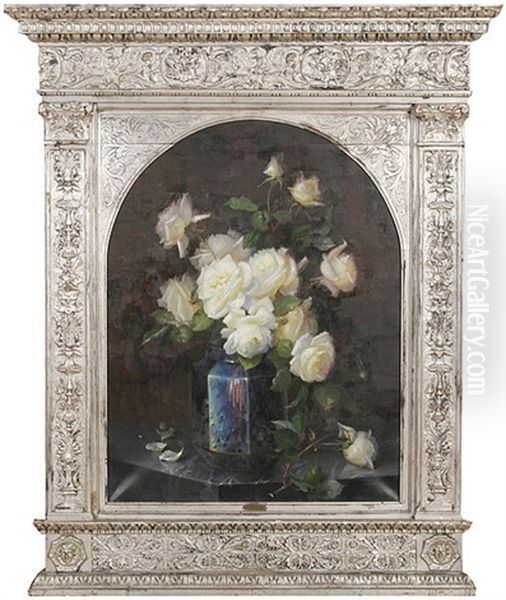 Stilleben Mit Weisen Rosen In Blauer Vase Oil Painting by Marie Nyl-Frosch