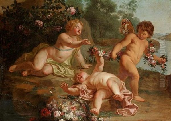 Putti Desporting With Garlands Of Flowers In A River Landscape Oil Painting by Dionys van Nymegen