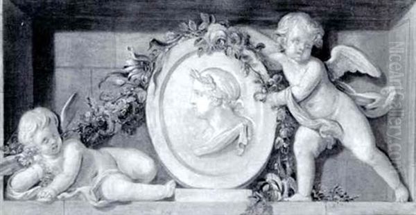 Putti In A Niche With A Portrait Relief Surrounded          With A Garland Of Flowers Oil Painting by Dionys van Nymegen