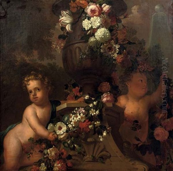 Putti Playing With Garlands Of Flowers By A Classical Urn In A Park Landscape Oil Painting by Elias van Nymegen