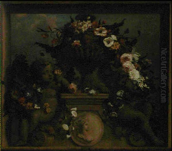 Guirlande De Fleurs Dans Un Vase De Bronze Entoure De Putti Oil Painting by Elias van Nymegen